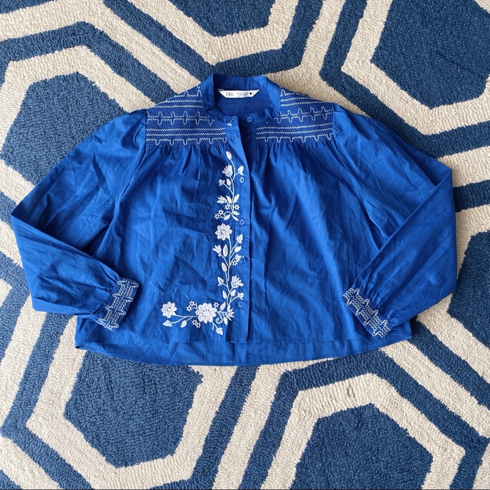 💙 ZARA BOHO BLUE WHITE FLORAL EMBROIDERED LONG SLEEVE CROPPED BLOUSE! - Picture 6 of 14